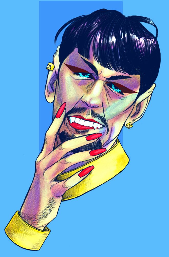 Illustration of Mirror Spock on a blue background. He bites his lip, exposing his teeth and fangs and touches his face with a long nailed hand. His eyes are blacked out with neon starbursts highlighting where his irises would be. He has on a gold cuff collar and bracelet. He has gold tags on each ear labeled with Kirk and McCoy's names. The tips of his ears are scarred.