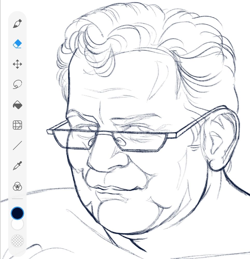 Work in progress sketch of old Jim Kirk wearing glasses.