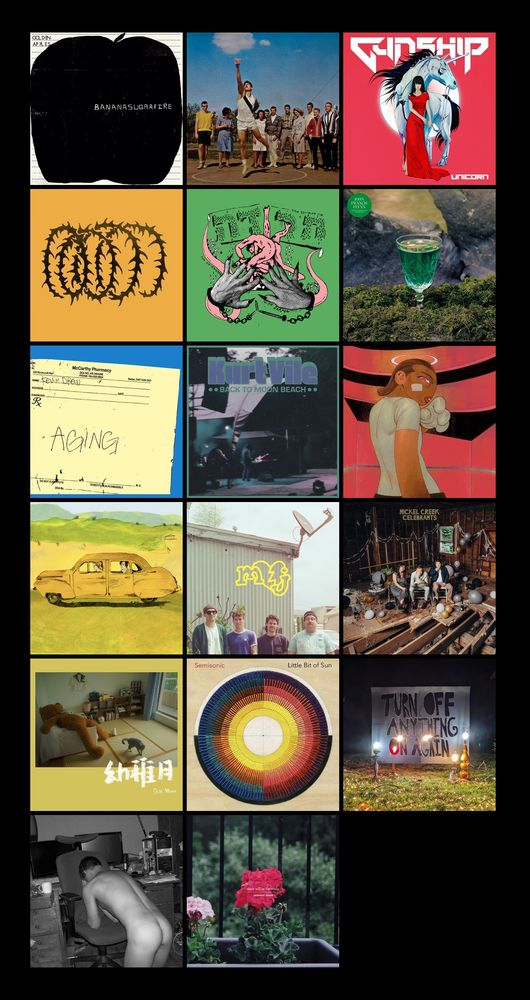 Golden Apples - Bananasugarfire
Guided by Voices - Nowhere To Go But Up
Gunship - Unicorn

Hotline TNT - Cartwheel
Jarada - No Co-Existence With...Jarada
John Francis Flynn - Look Over the Wall, See the Sky

Kevin Drew - Aging
Kurt Vile - Back to Moon Beach
McKinley Dixon - Beloved! Paradise! Jazz!?

Mo Troper - Troper Sings Brion
Mom Jeans. - Bear Market
Nickel Creek - Celebrants

One Moon - 幼​稚​月
Semisonic - Little Bit of Sun
String Machine - Turn Off Anything On Again (EP)

The Drums - Jonny
There Will Be Fireworks - Summer Moon