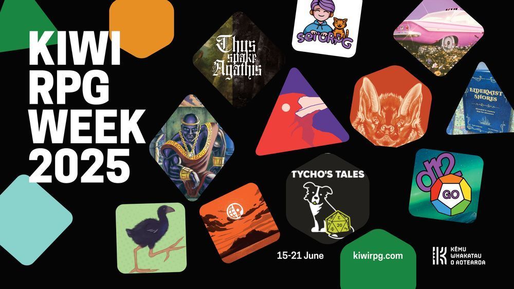 Poster for KiwiRPG Week 2025. Images in little polyhedral dice peepholes of logos and covers for TTRPGs, including a long-legged pūkeko, a cute little bat, d12Go, a pink taxi, red bird, and others. Dated 15 - 21 June, kiwirpg.com Kēmu Whakatau o Aotearoa