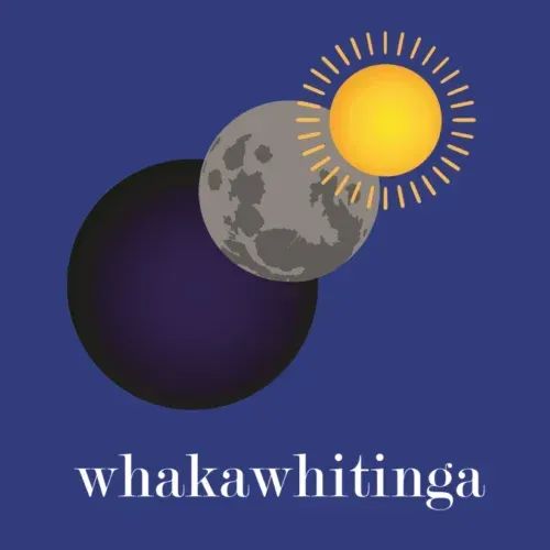 Minimalist drawing of a bright golden sun in front of the moon, which is in turn in front of a blue-coloured world. Text reads: whakawhitinga.