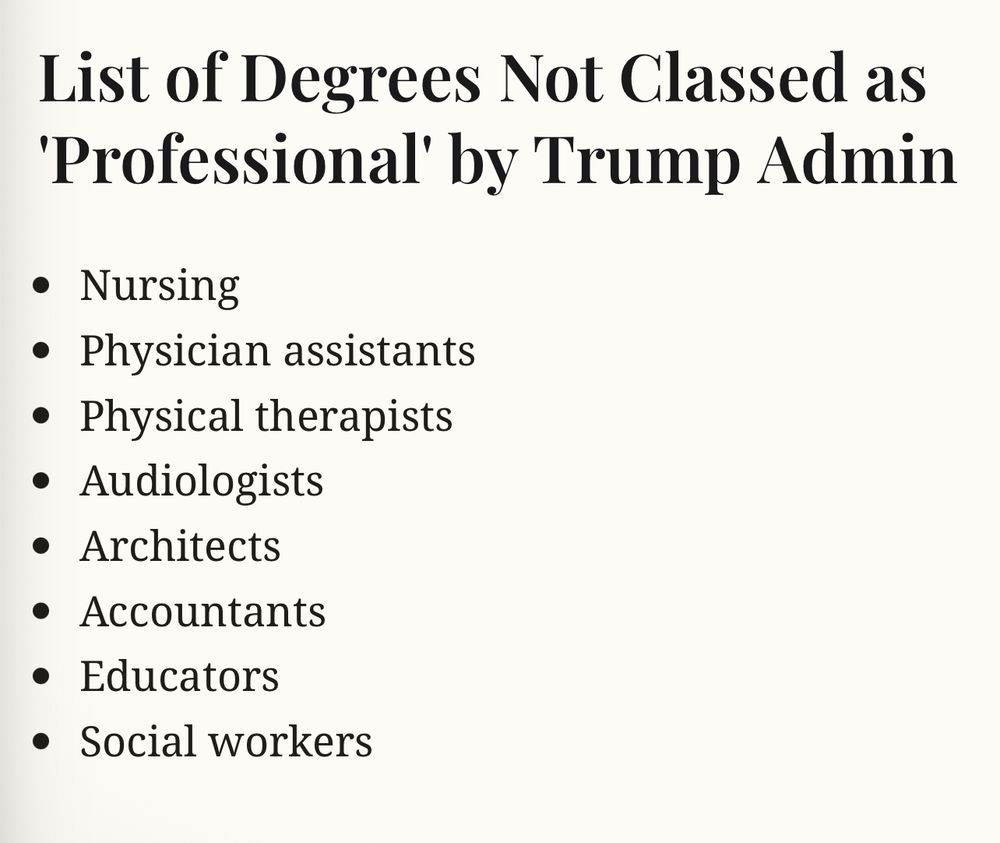 List of Degrees Not Classed as 'Professional' by Trump Admin

Nursing

Physician assistants

Physical therapists

Audiologists

Architects

Accountants

Educators

Social workers