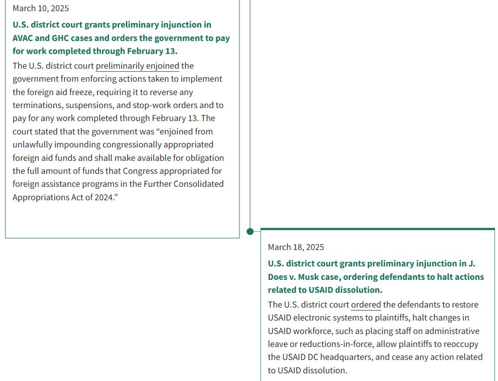 March 10 ruling granting preliminary injunction for Trump Administration to pay frozen funds
March 18 ruling ordering Trump Administration to halt actions related to USAID dissolution