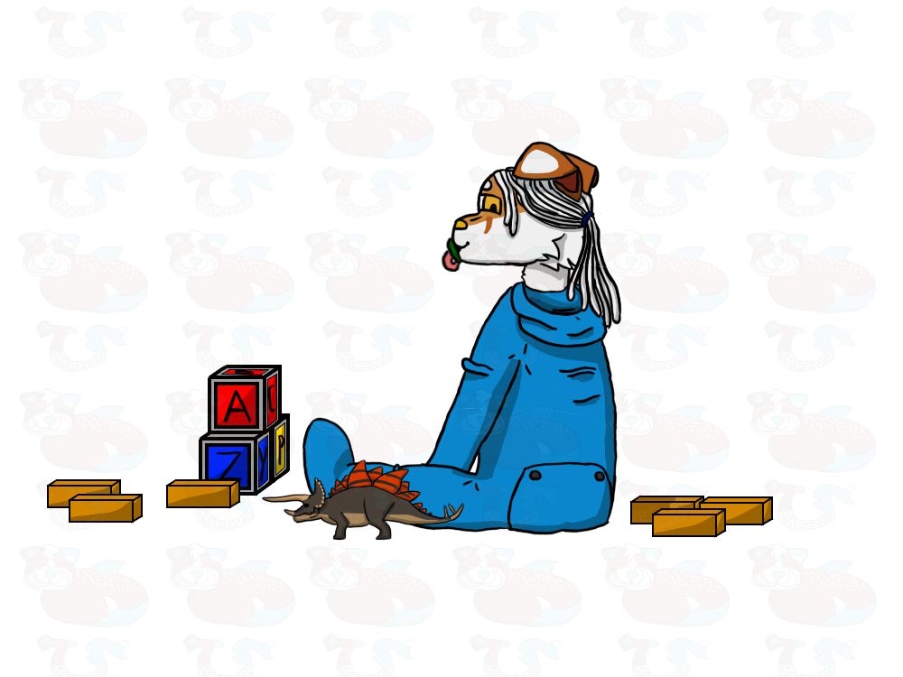 My newest sona Solflora, a chimera of sorts with golden tiger colored fur, ears, and a head of white hair dreads with a blue, hooded, butt flap onesie. They have a blue and red passifire in their mouth and are surrounded by building blocks, alphabet blocks, and a toy version of the Stegoceratops.