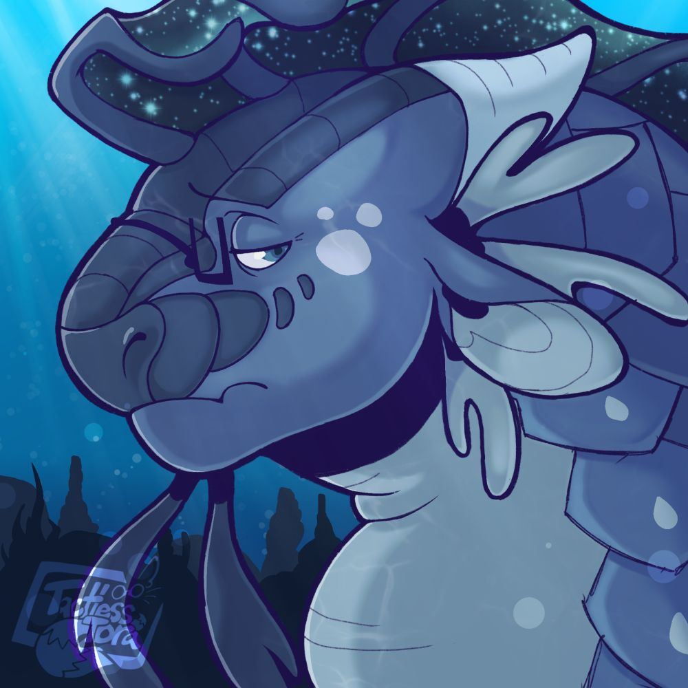 Headshot of a chubby, deep blue seawing-nightwing hybrid under the sea and lit up by the sun filtering through the water. Has a concerned expression. Wearing glasses.
