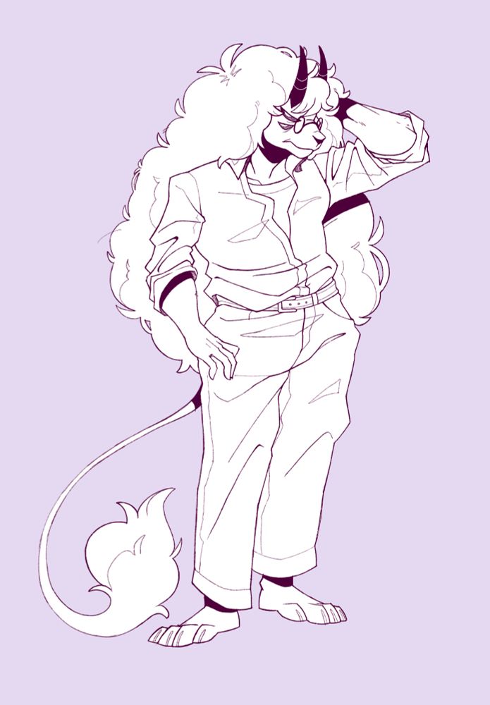 Cleaned-up fullbody sketch of a cat-like demon standing casually, with one hand on her hip and the other behind her head. She has long curly hair and four eyes.