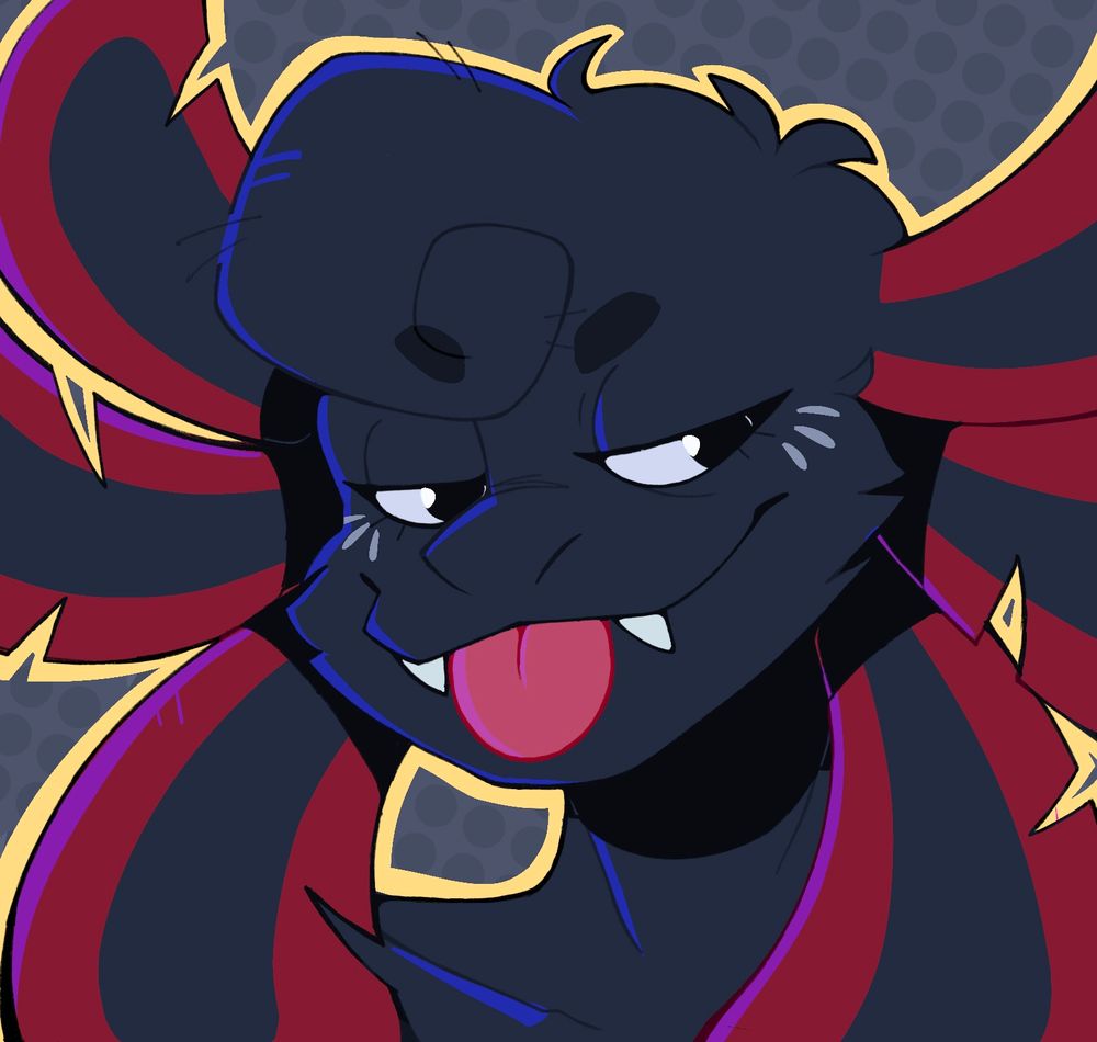 A deep bluish axolotl with soft fur and curly hair. Thei have long flowy gills shaped like flower petals and are tipped with red. Their expression is mischievous, with their tongue out and a grin