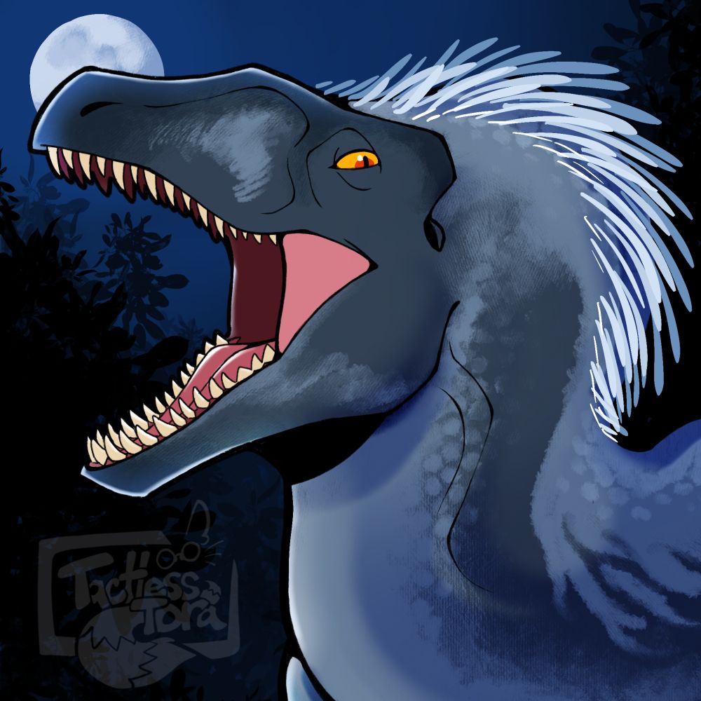 A 4x4 head icon of a Maip Macrothorax (dinosaur) with dark scales, her mouth wide open to show off her sharp teeth. She is framed by a dark forest and a bright moon in the background of a starless sky.