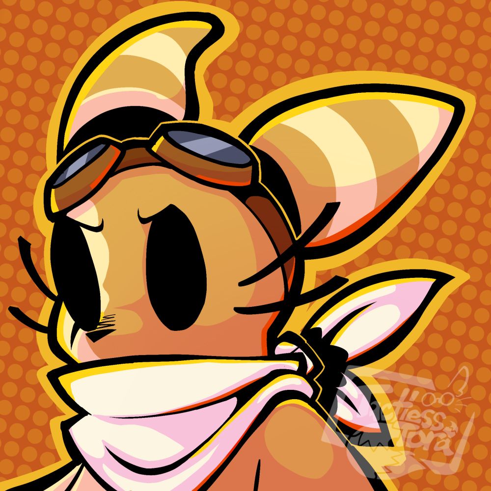 A 4x4 icon of a slugcat oc. They're coffee-coloured with eggshell patches and stripes. They are wearing a white bandana and brown goggles. Their expression is fierce/stoic.