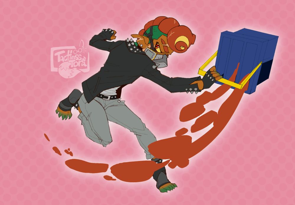 An octoling-salmonid hybrid oc in an action pose, swinging a trislosher. He js wearing a mask and black, spike-adorned jacker. His pompadour is reddish in colour and he has claw-tipped fingers and toes.