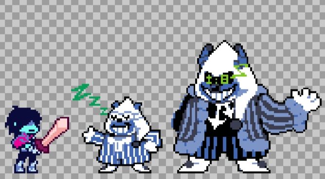 Kris facing towards Qeepy using his original design and Qeepy's boss form, redesigned by me.