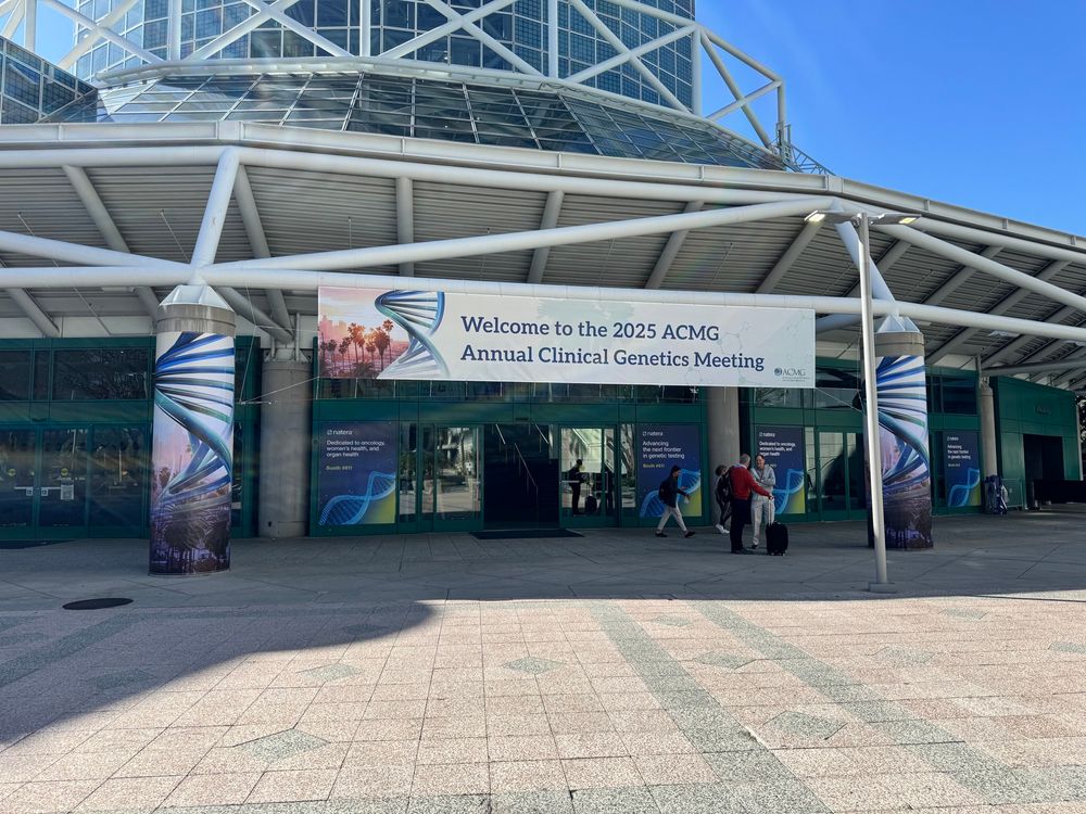 The entrance of the LA Convention Center decorated with a DNA motif for the American College of Medical Genetics conference