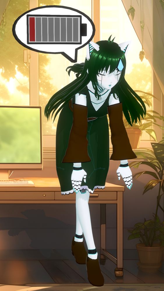 Delta slumped over with an exhausted expression and a sweat bubble on her forehead. She has a dialogue bubble showing a battery with a single red section, implying she's low on energy.