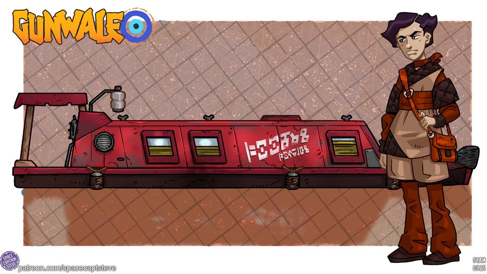 A fancy red narrowboat with a young man with wild hair and a fancy satchel to the right.