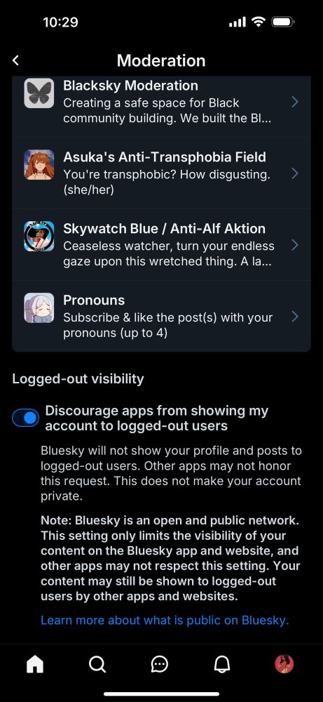Picture of BlueSky moderation settings on logged-out visibility where apps are discouraged from showing a user’s accounts and posts to anyone logged out.