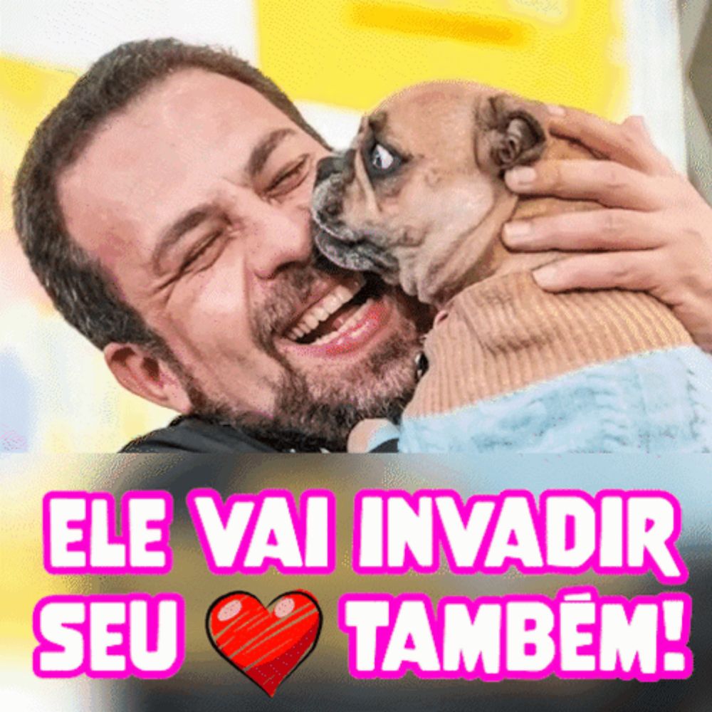 a man holding a dog with the words ele vai invadir seu também written below him