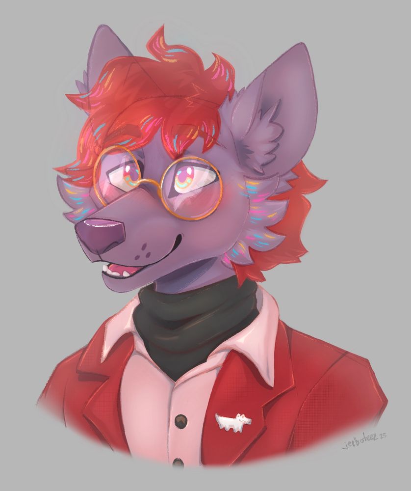 andré moraph, a grayish-purple toned wolf, smiles and blushes at the camera. he wears a red jacket over a white pullover and black sweater. his hair glows with bright particles of pink, blue, and yellow