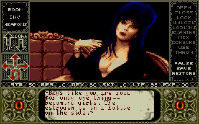 A screenshot from an old Elvira game. Elvira is saying, “Boys like you are good for only one thing—becoming girls. The estrogen is in a bottle on the side.”