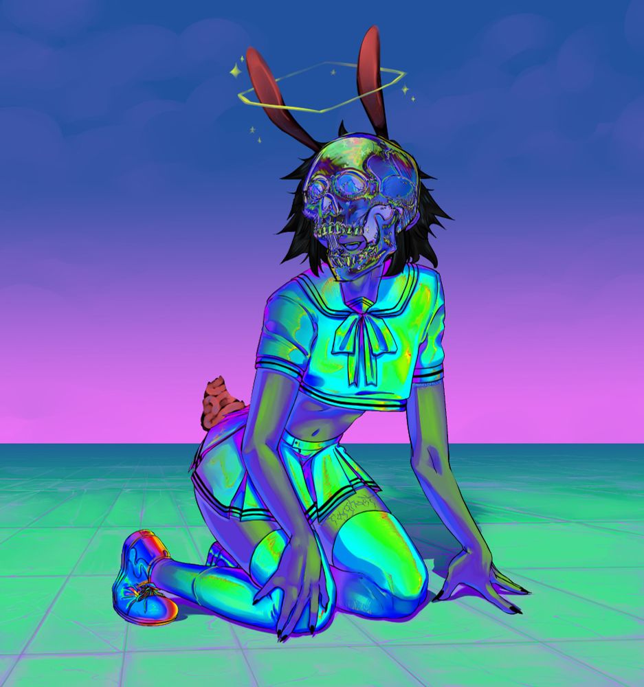A holographic-colored woman in a sailor uniform with veiny bunny ears and tail. She is in an empty void with a blue-pink colored sky and teal colored cracked tiles.