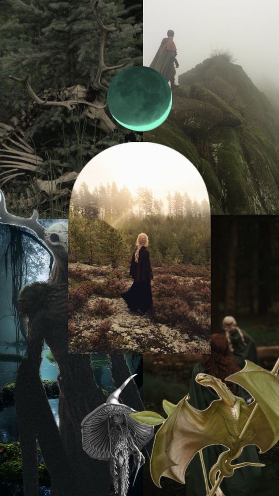This collage features a girl in the middle staring at the forest. There’s a haunted feeling to the pictures: a tiny green dragon, some forest monsters, and a green moon.
