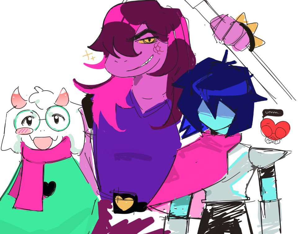 From left to right, Ralsei, Susie, and Kris crudely drawn. To the right of Kris, is me as their soul; my soulsona. There's a little speak bubble coming from me going "umm.." This is my right time drawing deltarune despite being a huge fan of the franchise and undertale since I was a highschooler.