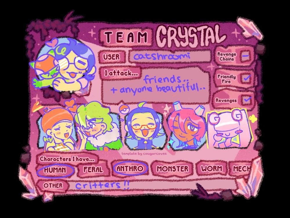 my artfight card for team crystal featuring me holding catshroom and my ocs: ringo, lechuga, chive, pepto, and G.G from left to right. 