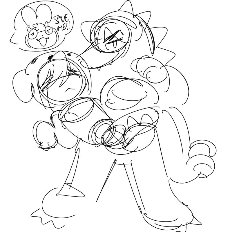 More chapter 3 deltarune slight spoilers, but this is the one minigame where you have to fight guys in a model city and for some reason, the lightner gang were in costumes. Ralsei in a bunny costume, Susie in a kaiju costume, and Kris in a dog costume. This is KAIJU Susie holding dog Kris as they're just fucking around while Ralsei is probably tied up getting attacked by enemies LMAOOOO