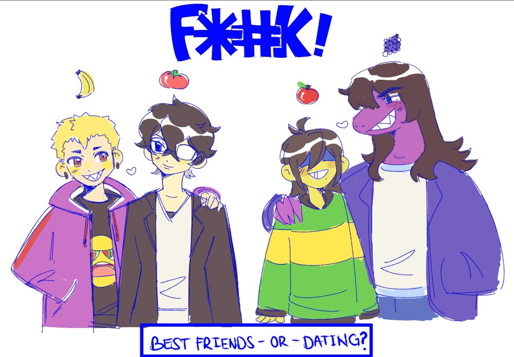 Doodle of Pegoryu (Persona 5 ship between Ren/Protagonist and Ryuji) and Krusie (Deltarune ship between Kris and Susie) with fruits I'd associate with them. No one argue with me that tomato isn't a fruit. I WILL CHUCK A TOMATO AT YOU!!! "F*#K!"  as a joke that neither Ryuji and Susie can curse, but they would if they were allowed to. (This is a lie because Ryuji did say "fuck" in Persona 5 Strikers, but it's still an ongoing joke about him.)