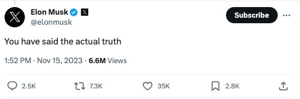 Image of Musk's answer 'You have said the actual truth'