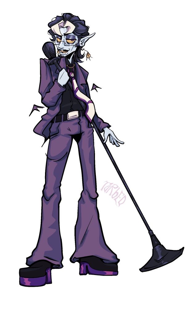 Torbeq is my persona, a vampire show host with lightly blue skin, yellowish eyes and teeth, black shoulder length hair brushed back hair and white bangs making a heart shape on his forehead. Colour palette for clothes is purple, black, purple, purple and purple 💜 