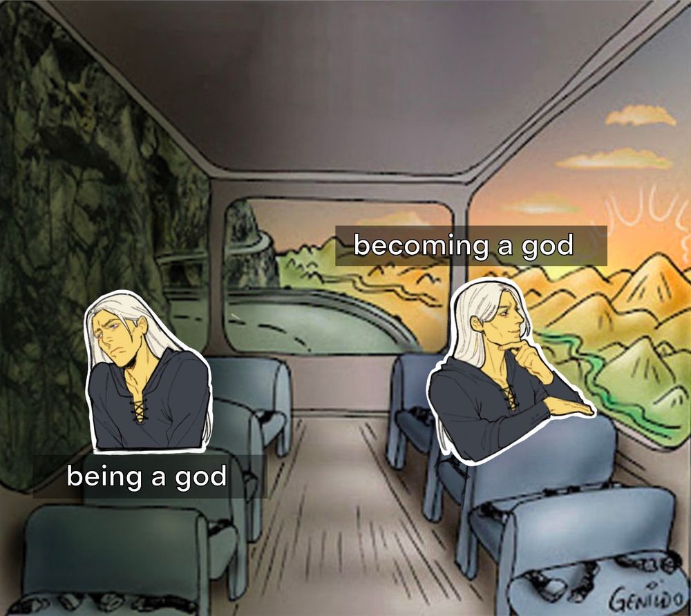Its just Raistlin being an idiot... the two bus sides
meme redraw  featuring Raistlin Majere from Dragonlance, drawn in a stylized cartoonish art style. 
The left side shows a dark, rocky mountain landscape labeled ‘being a god,’ with Raistlin looking sad and regretful.
The right side shows a bright, vibrant sunrise landscape labeled ‘becoming a god,’ with Raistlin looking thoughtful and content.
The panels emphasize the contrast between the somber experience of already being a god and the excitement of striving to become one.