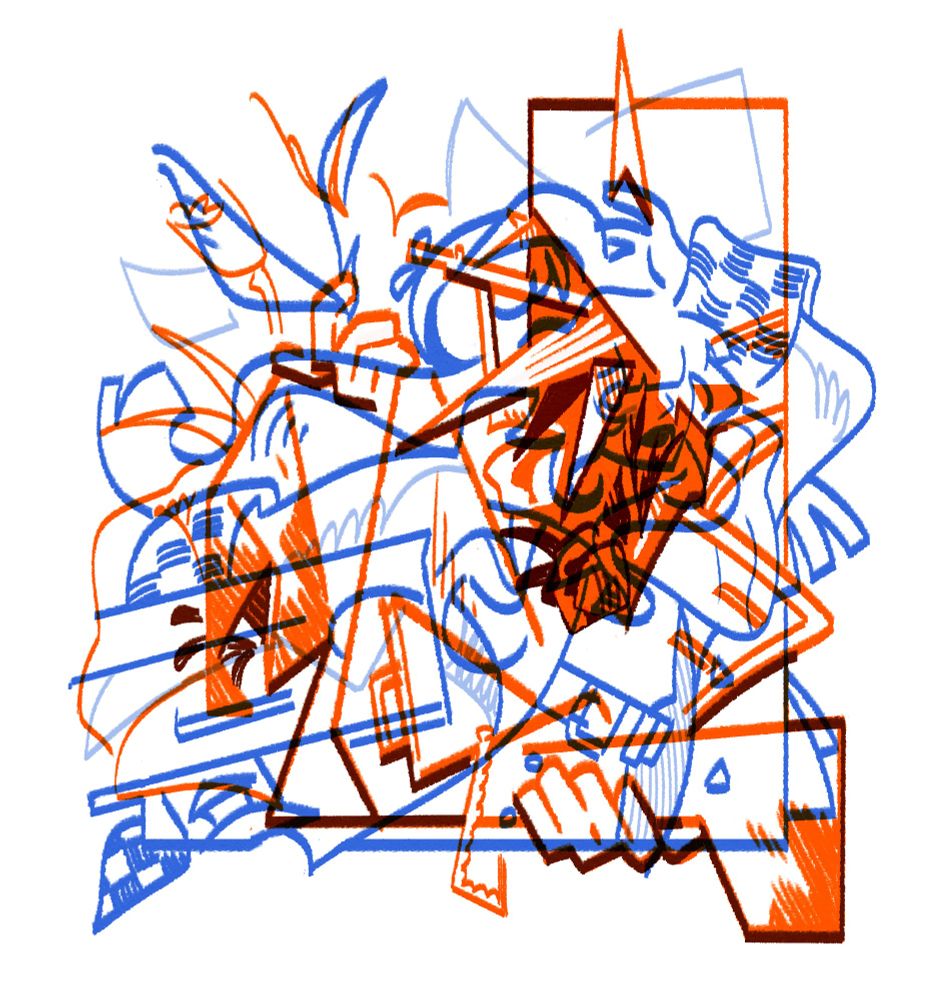 A digital drawing of Marcus and Charon that overlays their perspective drawings that are done in red and blue ink. 