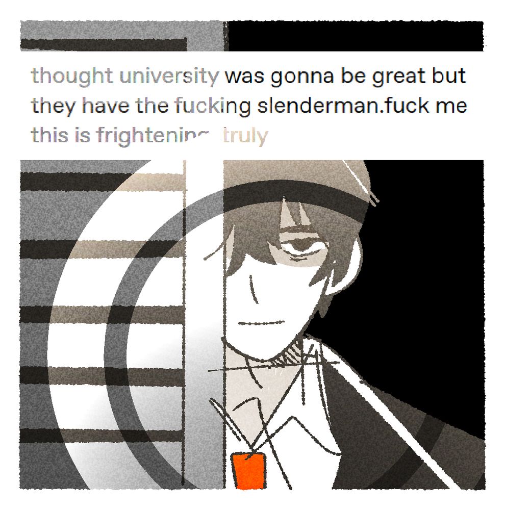 A digital drawing of Yi Sang from Limbus Company. He's hiding in a closet, with a flashlight pointed directly at him, referencing a Five Nights at Freddy's game screenshot. Text above reads: "thought university was gonna be great but they have the fucking slenderman. fuck me this is frightening truly." 