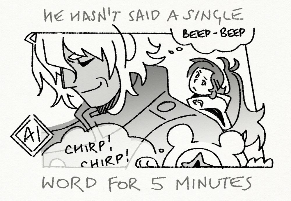 A digital drawing of Kaname Date, Aiba and Mizuki Okiura from AI: The Somnium Files, making fun of game's investigating stage taking inside of protagonist's head. Alongside the image's frame you can read: "He hasn't said a single word for 5 minutes." Inside thought bubbles: "Beep-beep" and "Chirp! Chirp!" 