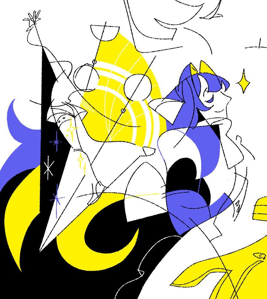 A digital drawing of Kiperina and Voyager from Reverse: 1999, which is a semi-abstract depiction of a young girl walking on a rope and blending with space, alongside another girl with long indigo hair in a soviet school uniform. 