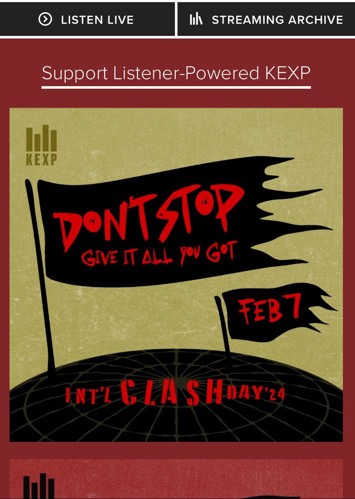 Black flag with red lettering planted in a black globe. Flag reads “Don’t stop, give it all you got” above the words “Int’l Clash Day ‘24” written across the globe.