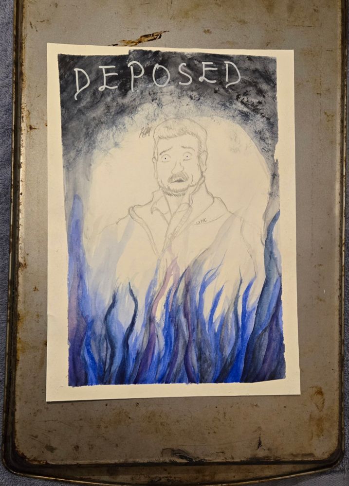 In this photo, the painting sits atop a slightly rusty metal pan. I think it's either called a baking sheet or a cooking sheet. The lighting is slightly dimmer.