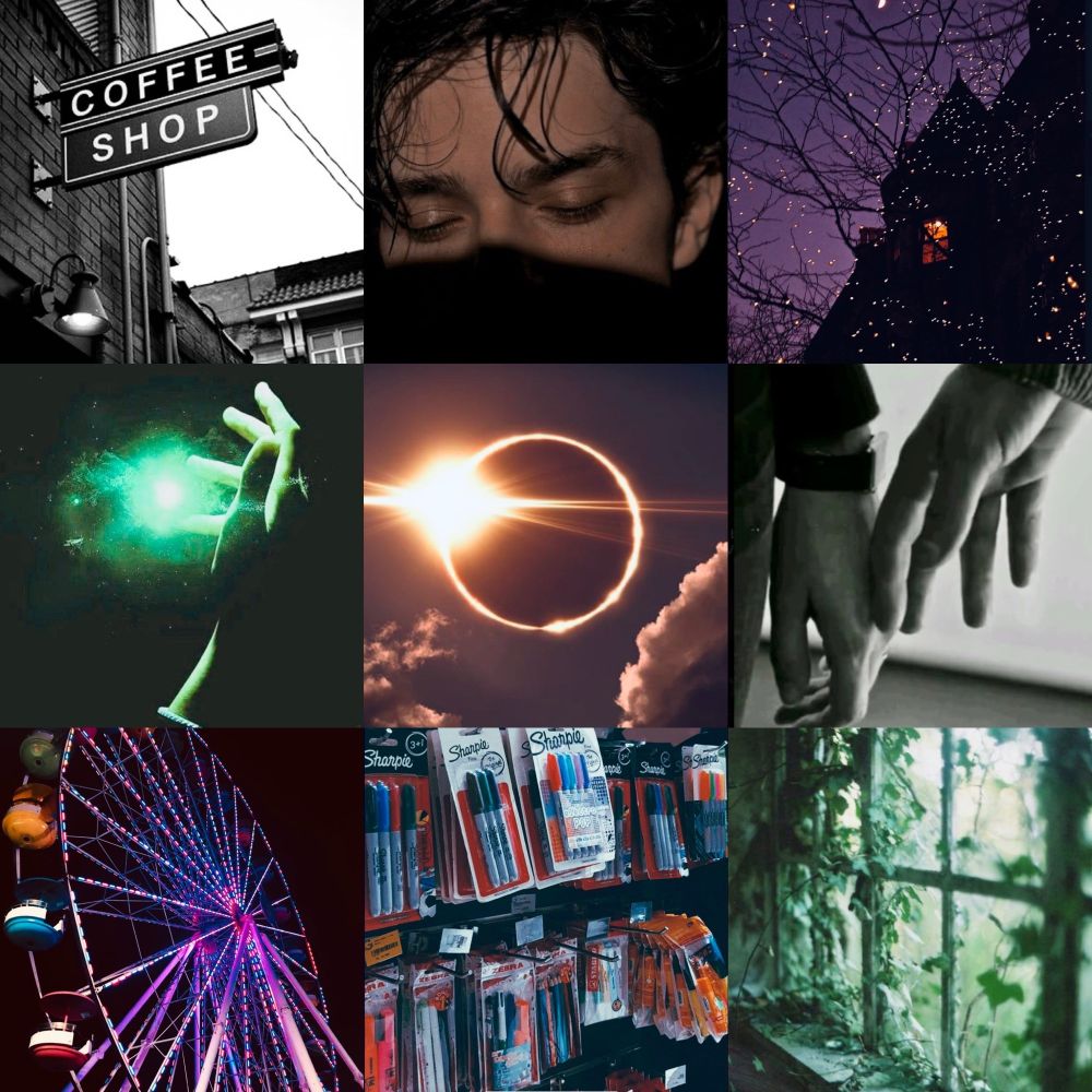 Nine images in a grid, from left to right.
First row: black and white vintage coffee shop sign; half-shadowed image of a young man’s upper face with tan skin, tousled dark hair, and eyes downcast; a purple night sky with a silhouette of a house with one orange window partially obscured by a bare tree branch string with white fairy lights. 
Second row: Photo of a hand curling around a bright green glowing orb; a color shot of a solar eclipse surrounded by clouds; a black and white photo of two hands, both male, one with fingers lightly brushing the back of the other hand. 
Third row: a purple Ferris wheel at night; a wall of Sharpies for sale at a store; a photo of a broken cathedral window covered in green ivy.