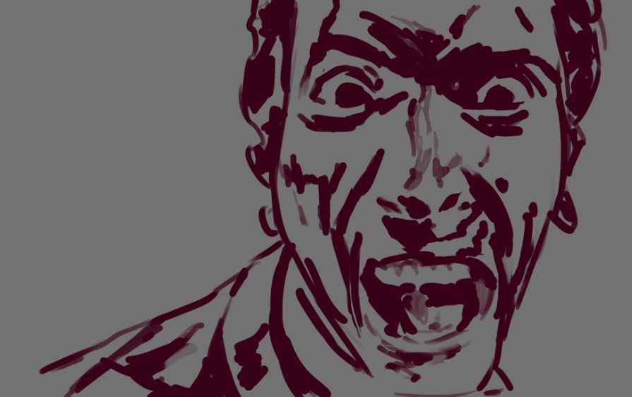 desenho quase 100% de dois valores, do ash de evil dead 2 surtando gargalhando com um zoom no rosto com a boca aberta e olhos arregalados, todo sujo de sangue