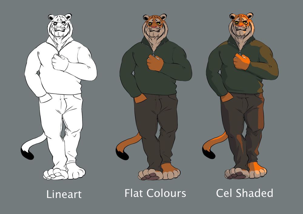 3 versions of the same anthro tiger, one in lineart, one with flat colours and 1 with hard edged cel shading.