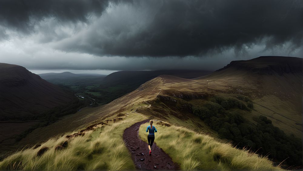 A long shot of a woman running in the Welsh mountains as a storm brews