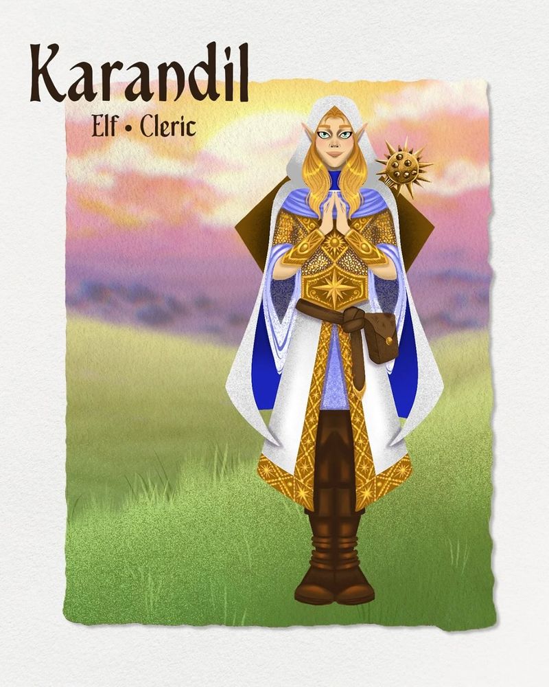 An image of an Elf Cleric in a white robe and gilded armor with a shield and morningstar on his back, his hands pressed together in prayer. 
Karandil Fastyr is the youngest of three children to the prest`igious Fastyr family well-known for their influential organization devoted to the worship of the Guardian Light, The Fastyr Church of Azariel.