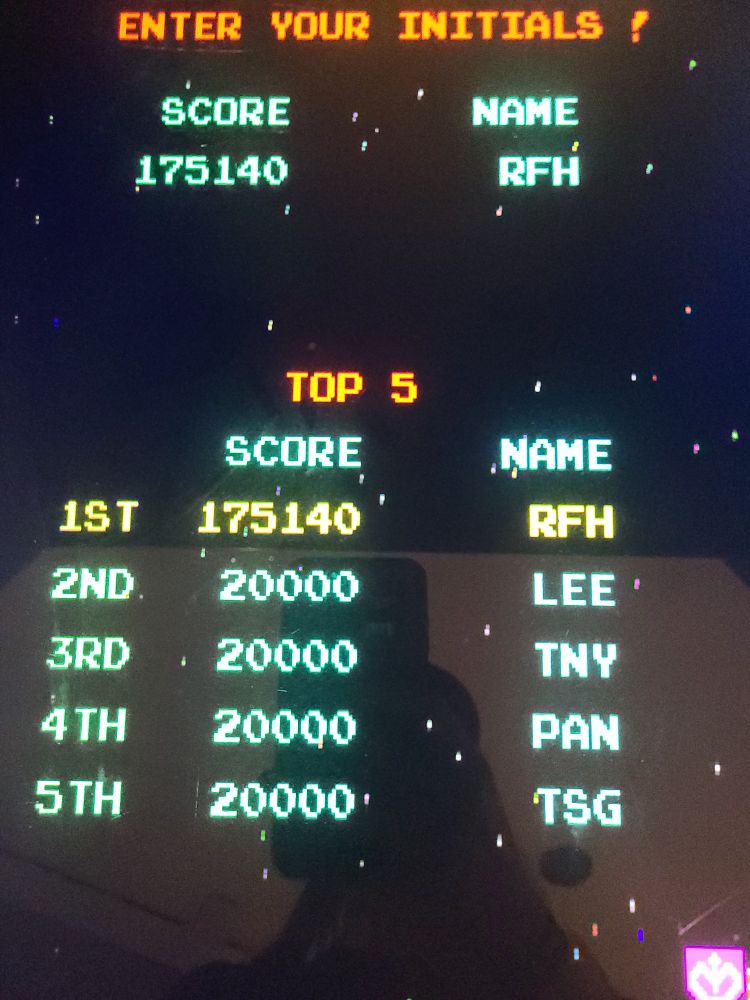 My final top score on Galaga at Texas Showdon 2025

1st Score: 175140 Name: RFH