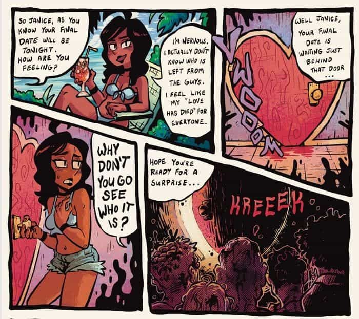 Four panels from a FOBIA horror comic featuring a horror story about a reality dating show called "Love is Dead"