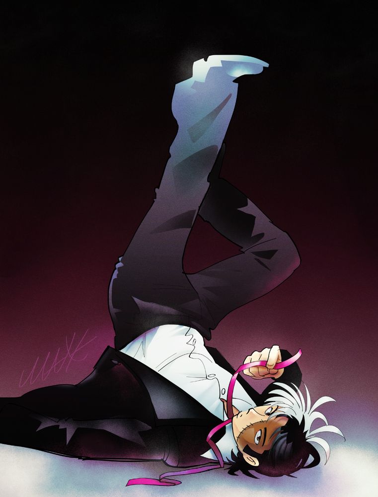 My digital artwork of kuroo hazama the unlicensed surgeon of osamu tezuka’s manga black jack. He’s on his back with his feet in the air. I got the pose either from a kpop star or some fashion photography. 