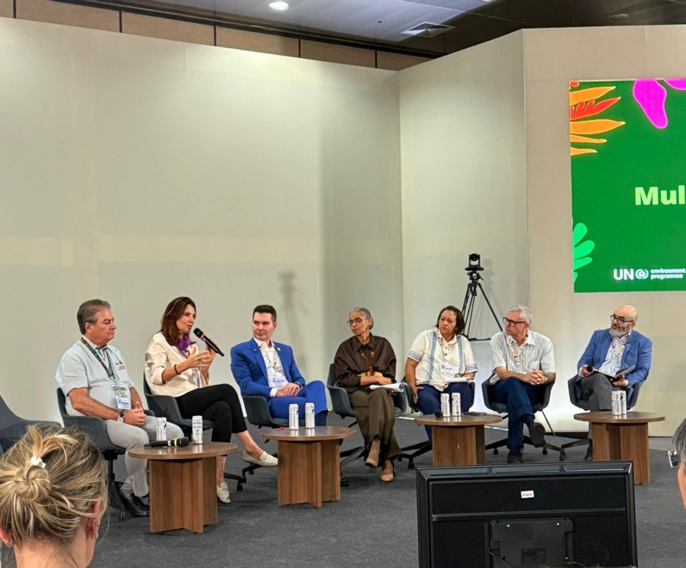 A panel of seven people seated in a row on a stage at a conference. The woman second from the left is speaking into a microphone, while the other panelists listen. To their right, a large green screen shows the UN Environment Programme logo.
