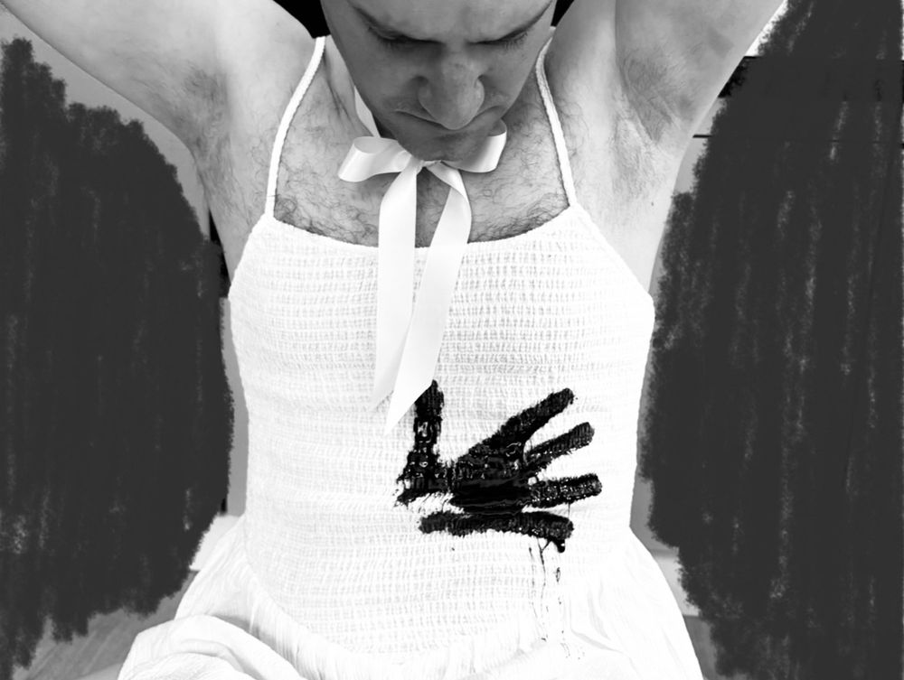 A picture of Harley from forehead to hips,  arms raised and looking down. Still wearing the pretty white dress, only now some horrible mean girl has taken great pleasure in leaving a messy treacle handprint right across the front of it. Harley’s expression could be mistaken for concentration, but we know its emotions related to having that beautiful dress so horribly ruined. And the implications this has for fitting in with the mean girls. 