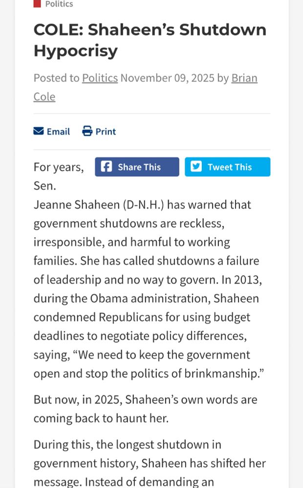 Op-ed from new hampshire published on day she later voted to end shutdown saying Shaheen was a hypocrite for not ending shutdown. But...