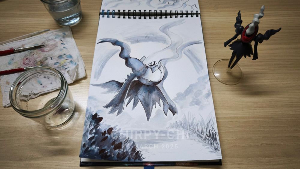 Pokémon Darkrai drawn in a blue-grey ink