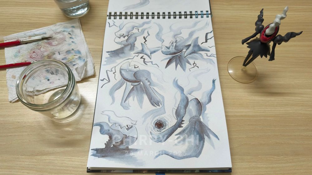 Pokémon Darkrai drawn in a blue-grey ink as a sketch page